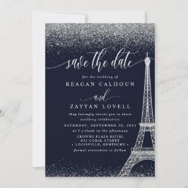 Paris Eiffel Tower Navy Silver Save the Date Card