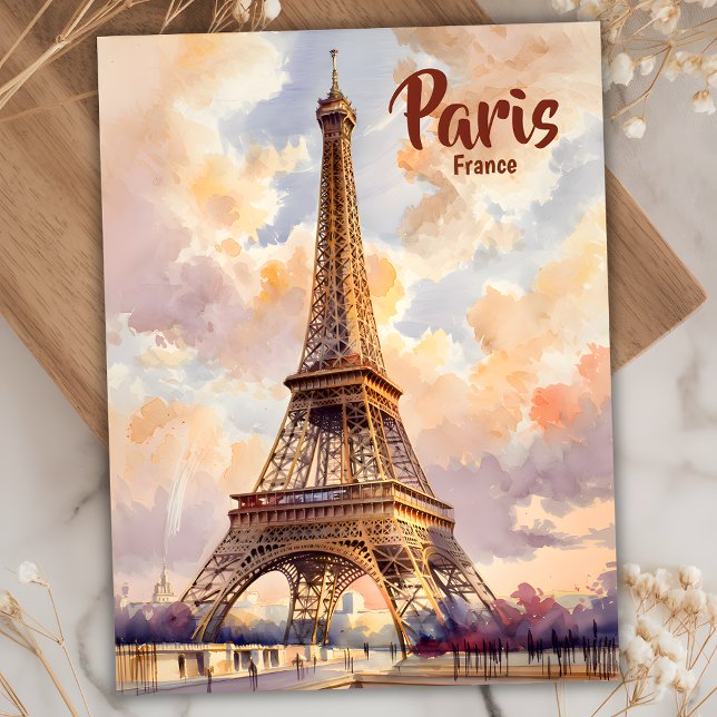 Paris Eiffel Tower Pastel Sunset Watercolor Travel Postkarte (Paris Eiffel Tower Pastel Sunset Watercolor )