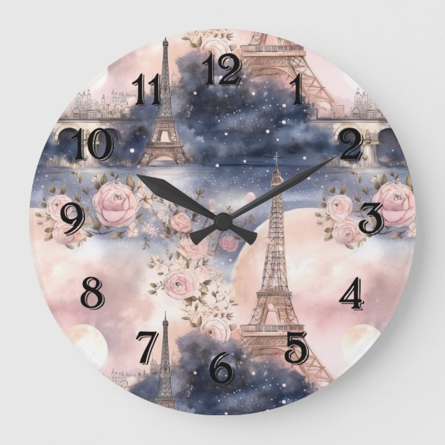 Paris Eiffel Tower Pink Blue Floral Große Wanduhr (Vorderseite)