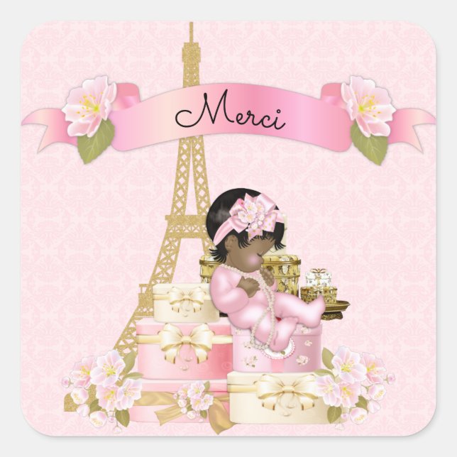 Paris Eiffel Tower Pink Gold Baby Girl Ethnic Quadratischer Aufkleber (Vorderseite)