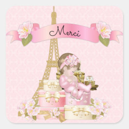Paris Eiffel Tower Pink Gold Baby Girl Quadratischer Aufkleber