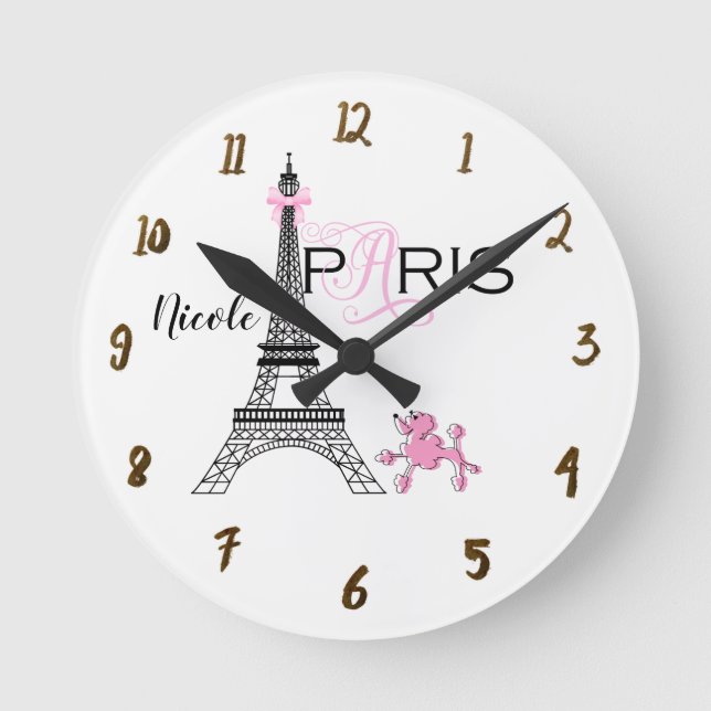 Paris Eiffel Tower Pink Poodle Chic Personalized Runde Wanduhr (Vorderseite)