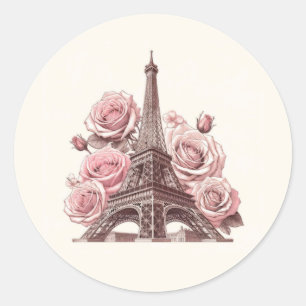 Paris Eiffel Tower & Pink Roses Runder Aufkleber