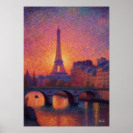 Paris Eiffel Tower Pointillism Sunset Cityscape Ar Poster