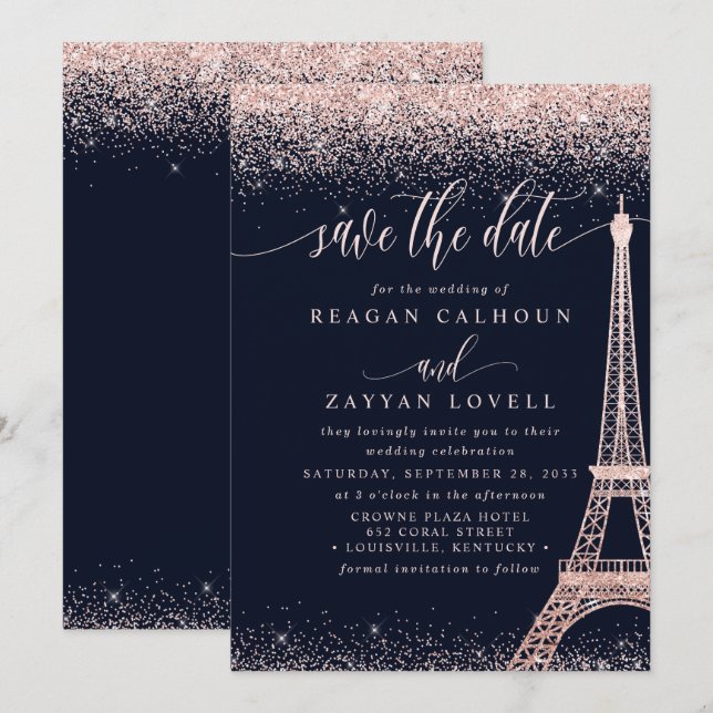 Paris Eiffel Tower Rose Gold Save the Date Karte (Vorne/Hinten)
