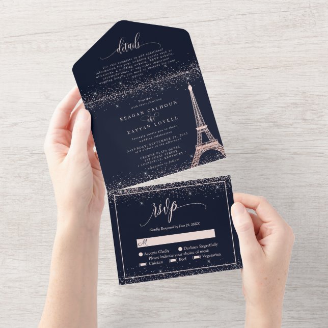 Paris Eiffel Tower Rose Gold Sparkle Wedding All I In One Einladung (Abreißen)