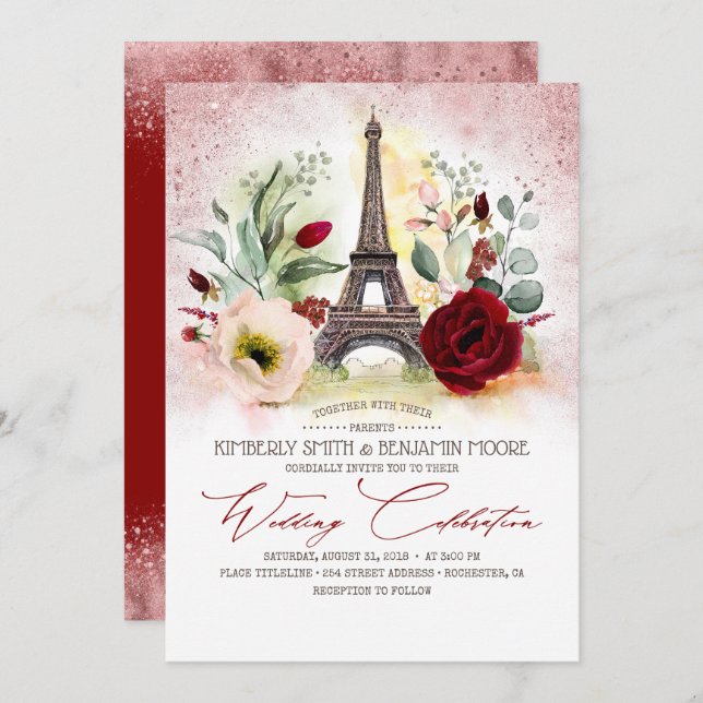 Paris Eiffel Tower Rose Gold und Burgund Wedding Einladung (Vorne/Hinten)