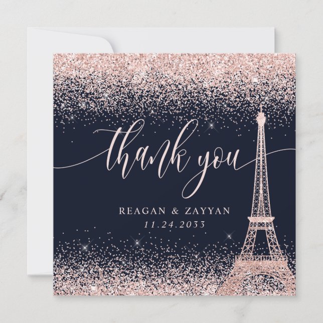 Paris Eiffel Tower Rose Gold Wedding Dankeskarte (Vorderseite)