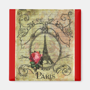 Paris Eiffel Tower & Rote Rose Steampunk Magnet