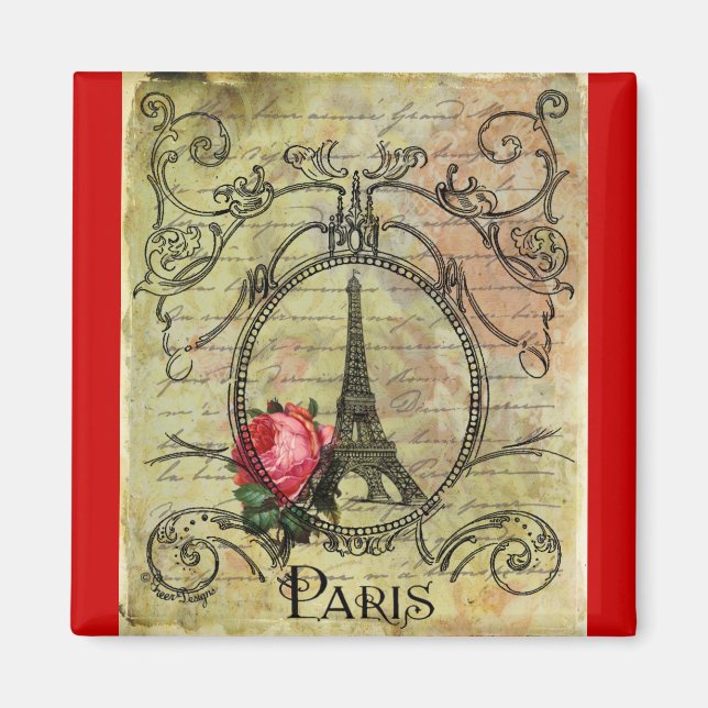 Paris Eiffel Tower & Rote Rose Steampunk Magnet (Vorne)