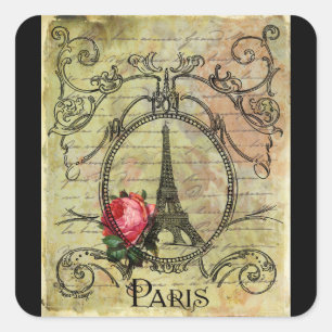 Paris Eiffel Tower & Rote Rose Steampunk Quadratischer Aufkleber