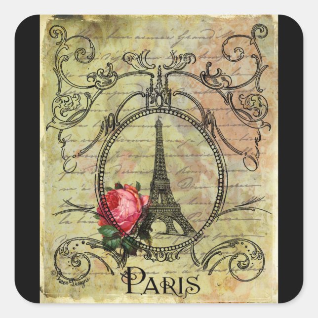 Paris Eiffel Tower & Rote Rose Steampunk Quadratischer Aufkleber (Vorderseite)