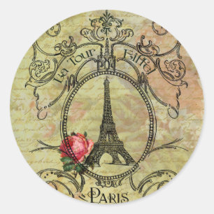 Paris Eiffel Tower & Rote Rose Steampunk Runder Aufkleber