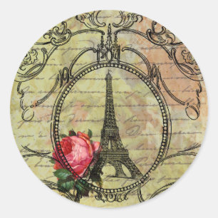 Paris Eiffel Tower & Rote Rose Steampunk Runder Aufkleber
