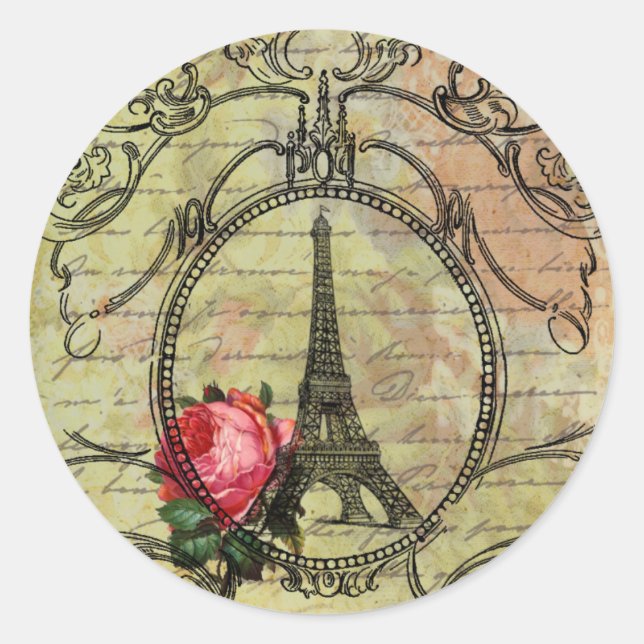 Paris Eiffel Tower & Rote Rose Steampunk Runder Aufkleber (Vorderseite)