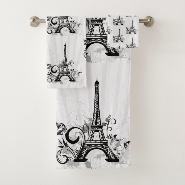 Paris Eiffel Tower Schwarz-weiß Elegant Geblüht Badhandtuch Set (Insitu)