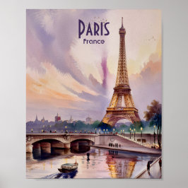 Paris Eiffel Tower Seine River Sunset Watercolor Poster