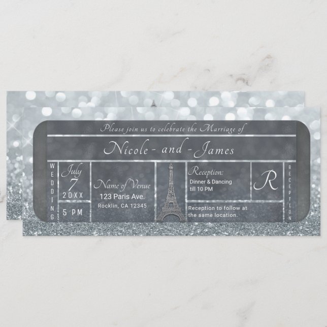 Paris Eiffel Tower Silver Glitzer Ticket Wedding Einladung (Vorne/Hinten)