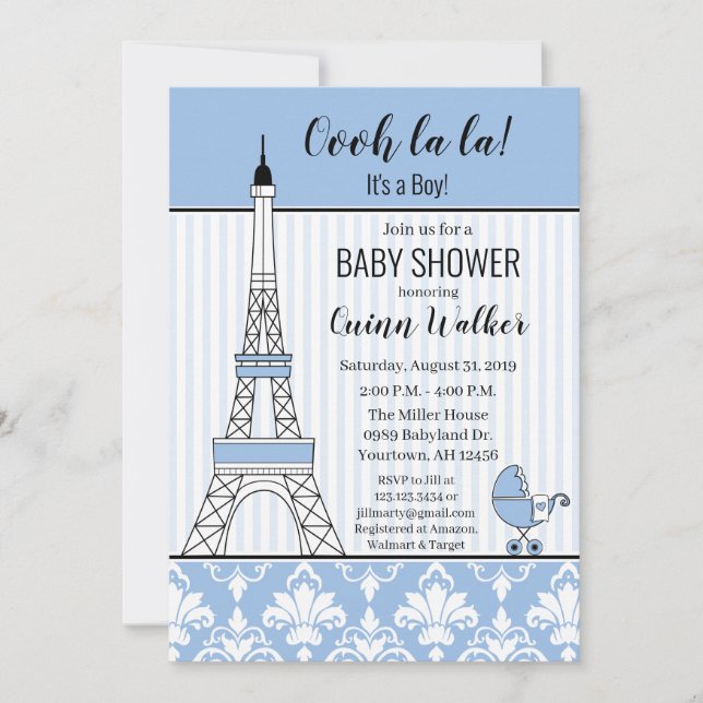 Paris Eiffel Tower Theme Baby Dusche Blue Junge Einladung (Vorderseite)