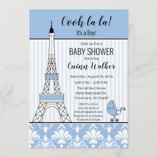 Paris Eiffel Tower Theme Baby Dusche Blue Junge Einladung