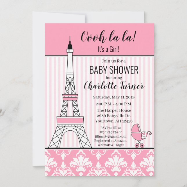 Paris Eiffel Tower Theme Kinderdusche pink Einladung (Vorderseite)