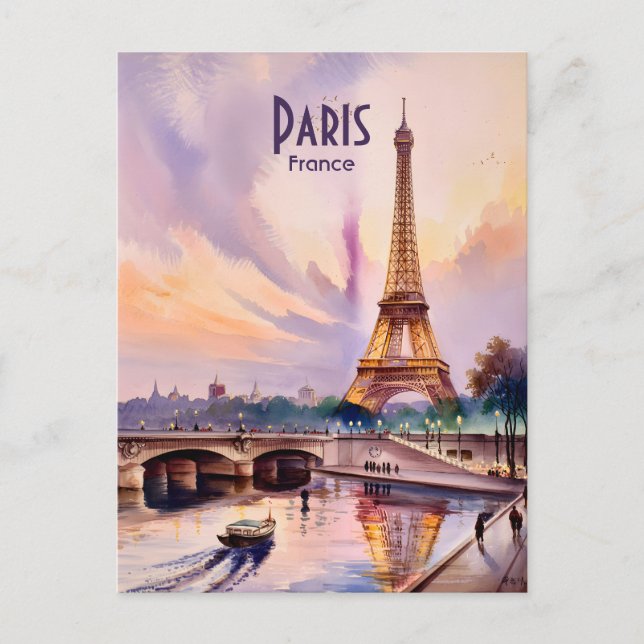 Paris Eiffel Tower Travel Watercolor Custom Text Postkarte (Vorderseite)