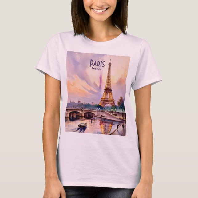 Paris Eiffel Tower Travel Watercolor Custom Text T-Shirt (Vorderseite)