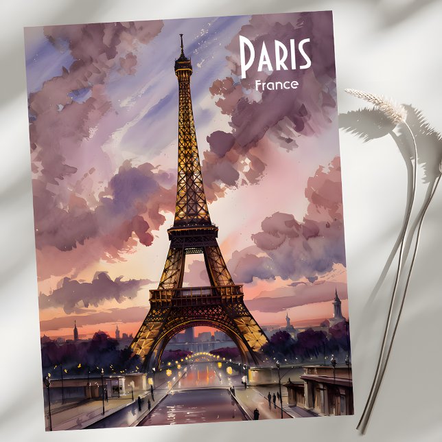 Paris Eiffel Tower Twilight Wasserfarbe Benutzerde Postkarte (Paris Eiffel Tower Twilight Watercolor Custom Text Postcard)