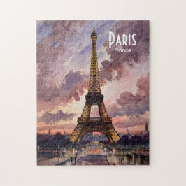 Paris Eiffel Tower Twilight Watercolor Custom Text Puzzle