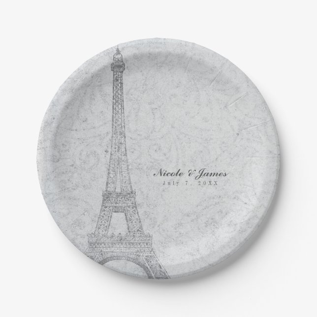 Paris Eiffel Tower Vintage Wedding Empfang Party Pappteller (Vorderseite)