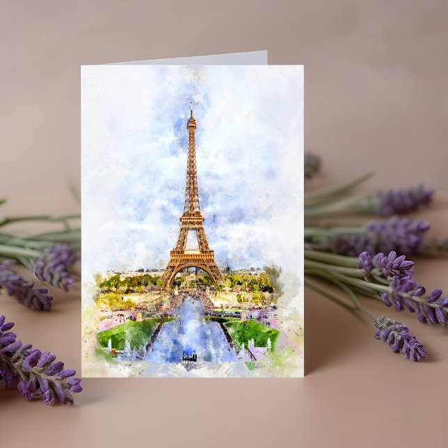 Paris Eiffel Tower Watercolor - Sunset #02 Dankeskarte (Von Creator hochgeladen)