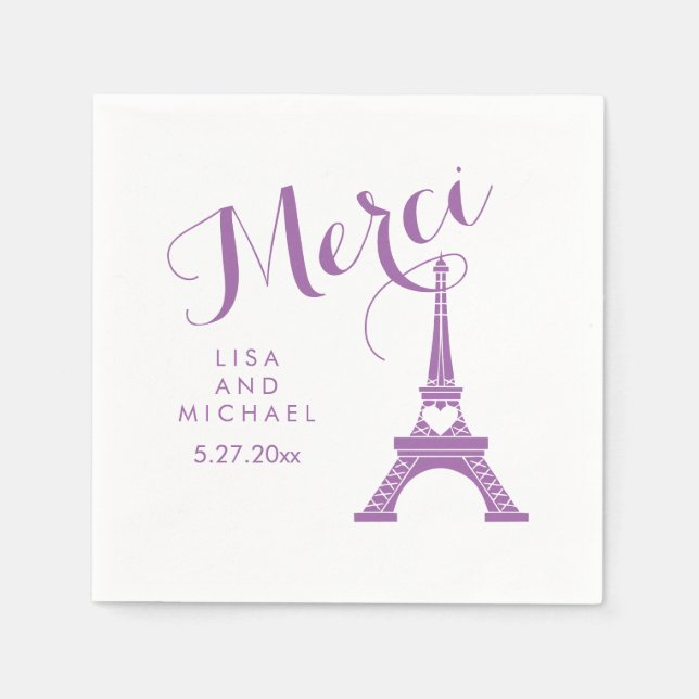 Paris Eiffel Tower Wedding Lila Merci Vielen Dank Serviette (Vorderseite)