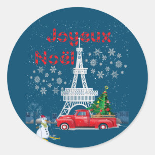 Paris Eiffel Tower Weihnachtsbaum Red Truck Joyeux Runder Aufkleber