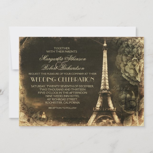 Paris Eiffel Turm Vintage Hochzeit Einladungen (Vorderseite)