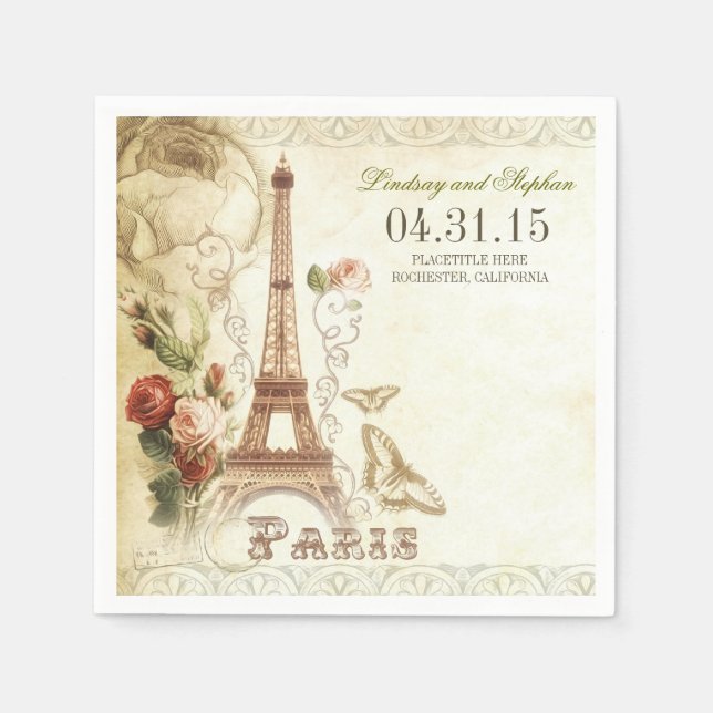 Paris Eiffel Turm Vintage Hochzeitspapiere Serviet Serviette (Vorderseite)