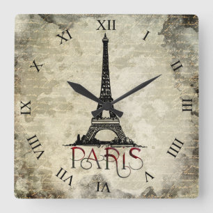 Paris, Eiffel-Turm Vintage-Schrift Quadratische Wanduhr