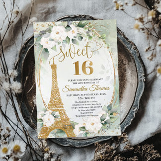 Paris Eiffel Turm weiße Rosen Grün Gold Oval Einladung