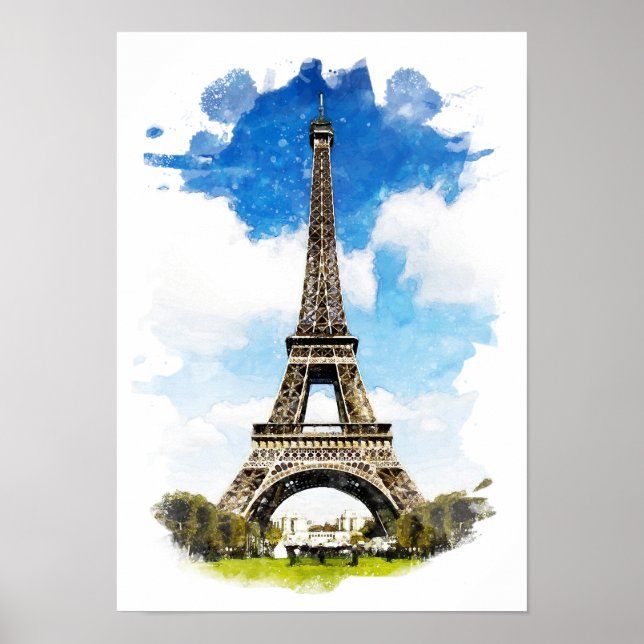 Paris - Eiffelturm - Aquarellmalerei Poster (Vorne)