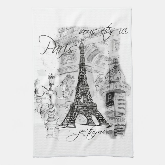 Paris Eiffelturm Black & White Collage Scene Handtuch (Vertikal)