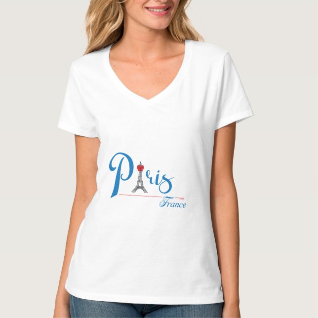 Paris-Eiffelturm, Blau, roter Bogen, Franzosen, T-Shirt (Vorderseite)