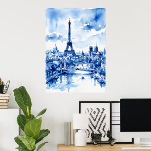 Paris Eiffelturm Blaues Aquarell Poster   Frankrei