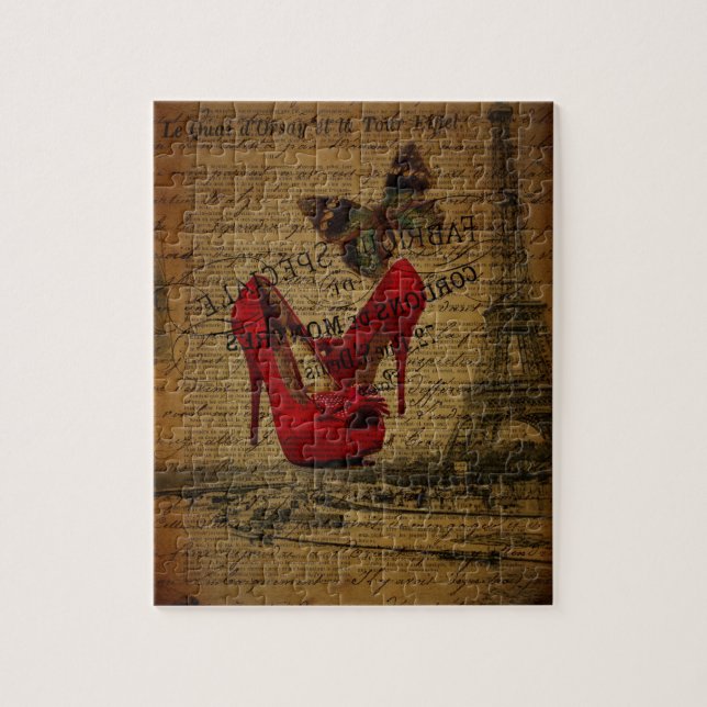 Paris Eiffelturm fashionista Rote Stilettos Puzzle (Vertikal)