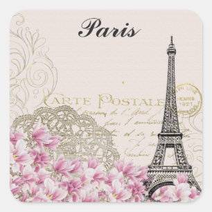 Paris Eiffelturm Frankreich Vintage rosa Blumen Quadratischer Aufkleber