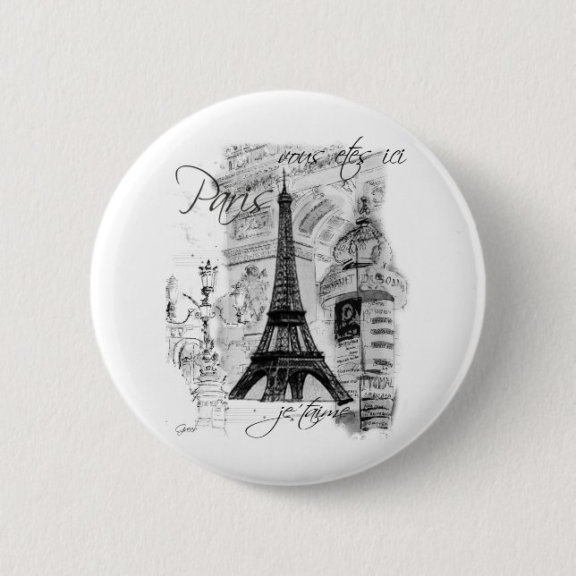 Paris Eiffelturm Französische Szene Collage Button (Vorderseite)