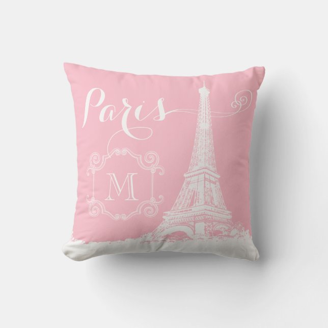 Paris Eiffelturm Girly Pink White Mit Monogramm Kissen (Vorderseite)