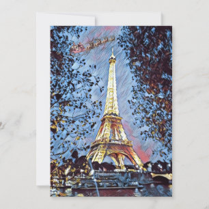 Paris Eiffelturm Impressionist Blau Weihnachtsmann Feiertagskarte