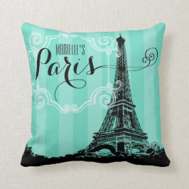 Paris-Eiffelturm-Monogramm Seafoam grüne Streifen Kissen