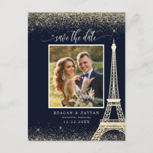 Paris Eiffelturm Navy Gold Foto Save The Date Ankündigungspostkarte