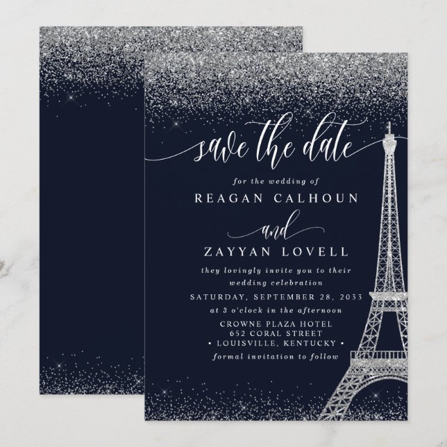 Paris Eiffelturm Navy Silber Save The Date Karte (Vorne/Hinten)