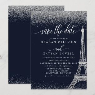 Paris Eiffelturm Navy Silber Save The Date Karte